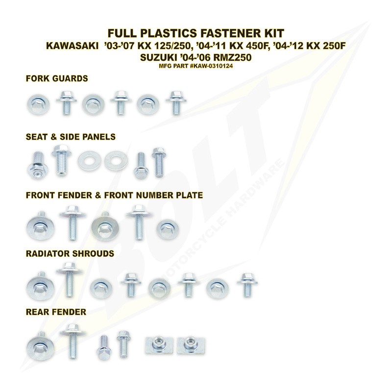 BOLT Schraubenkit für Plastikteile KX 2T 03-08, KXF 250/450 04-16 BOLT Schraubenkit für Plastikteile KX 2T 03-08, KXF 250/450 04-16